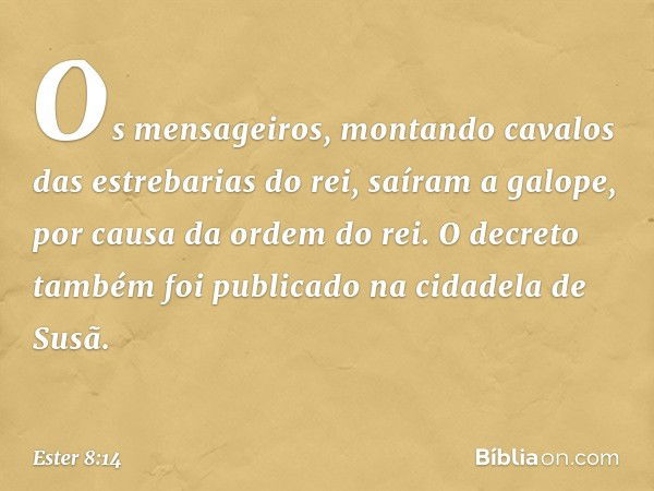 Os mensageiros, montando cavalos das estrebarias do rei, saíram a galope, por causa da ordem do rei. O decreto também foi publicado na cidadela de Susã. -- Este