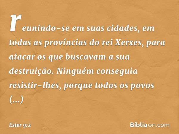 reunindo-se em suas cidades, em todas as províncias do rei Xerxes, para atacar os que buscavam a sua destruição. Ninguém conse­guia resistir-lhes, porque todos 