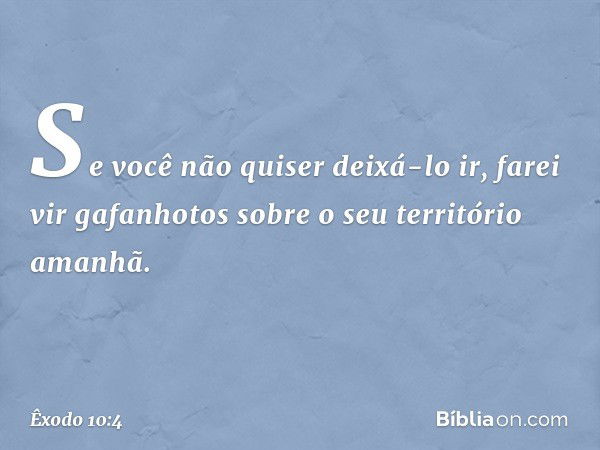 Se você não quiser deixá-lo ir, farei vir gafanhotos sobre o seu território amanhã. -- Êxodo 10:4