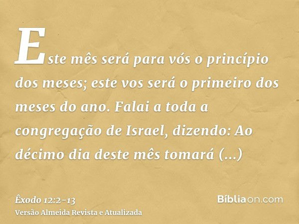 Este mês será para vós o princípio dos meses; este vos será o primeiro dos meses do ano.Falai a toda a congregação de Israel, dizendo: Ao décimo dia deste mês t