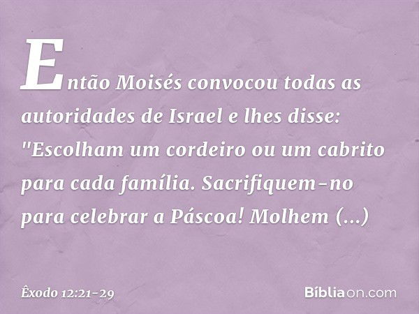 Então Moisés convocou todas as auto­ridades de Israel e lhes disse: "Escolham um cordeiro ou um cabrito para cada família. Sacrifiquem-no para celebrar a Páscoa