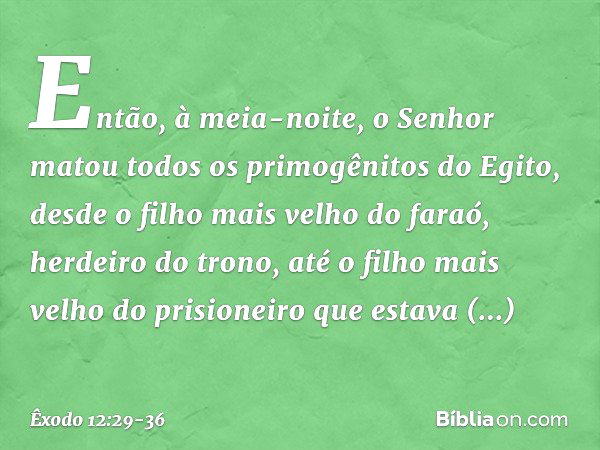 Então, à meia-noite, o Senhor matou todos os primogênitos do Egito, desde o filho mais velho do faraó, herdeiro do trono, até o filho mais velho do prisioneiro 