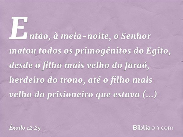 Então, à meia-noite, o Senhor matou todos os primogênitos do Egito, desde o filho mais velho do faraó, herdeiro do trono, até o filho mais velho do prisioneiro 