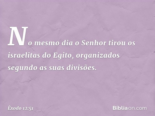 No mesmo dia o Senhor tirou os israelitas do Egi­to, organizados segundo as suas divisões. -- Êxodo 12:51