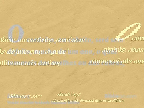 O cordeiro, ou cabrito, será sem defeito, macho de um ano, o qual tomareis das ovelhas ou das cabras,
