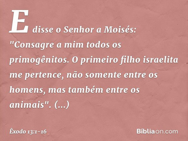 E disse o Senhor a Moisés: "Consagre a mim todos os primogênitos. O primeiro filho israelita me pertence, não somente entre os homens, mas tam­bém entre os anim