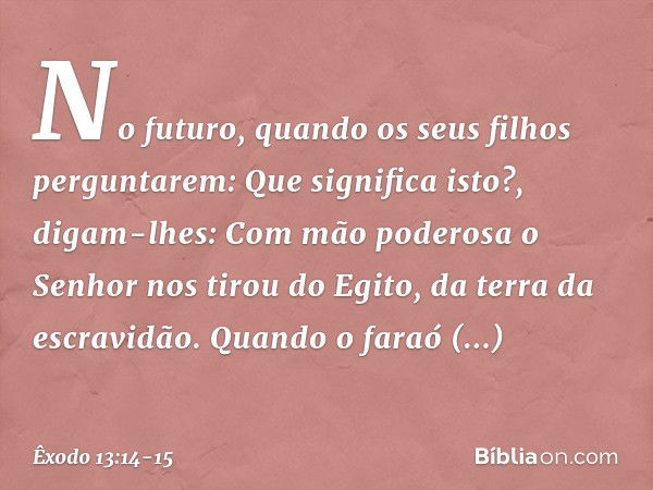 "No futuro, quando os seus filhos perguntarem: 'Que significa isto?', digam-lhes: Com mão poderosa o Senhor nos tirou do Egi­to, da terra da escravidão. Quando 