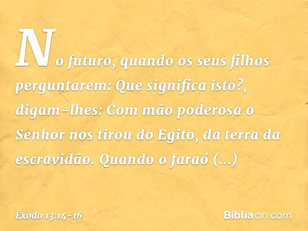 "No futuro, quando os seus filhos perguntarem: 'Que significa isto?', digam-lhes: Com mão poderosa o Senhor nos tirou do Egi­to, da terra da escravidão. Quando 