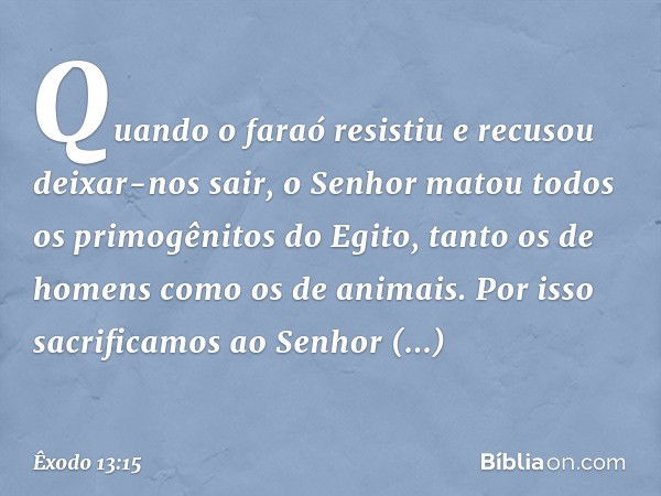 Quando o faraó resistiu e recusou deixar-nos sair, o Senhor matou todos os primogênitos do Egito, tanto os de homens como os de animais. Por isso sacrificamos a