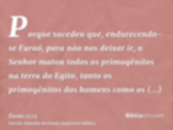 Porque sucedeu que, endurecendo-se Faraó, para não nos deixar ir, o Senhor matou todos os primogênitos na terra do Egito, tanto os primogênitos dos homens como 