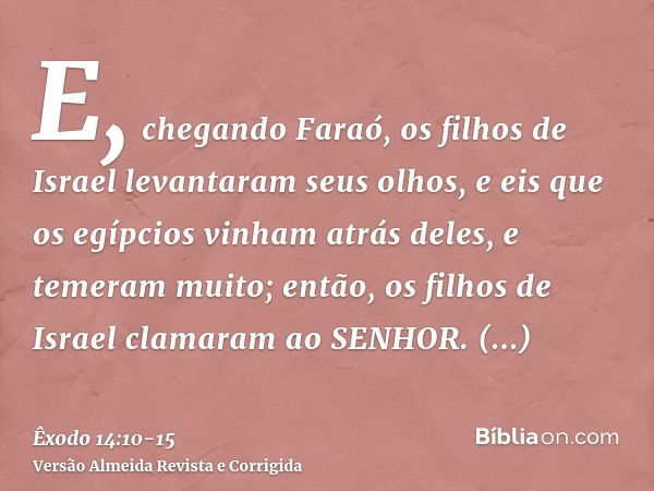 E, chegando Faraó, os filhos de Israel levantaram seus olhos, e eis que os egípcios vinham atrás deles, e temeram muito; então, os filhos de Israel clamaram ao 