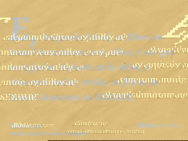E, chegando Faraó, os filhos de Israel levantaram seus olhos, e eis que os egípcios vinham atrás deles, e temeram muito; então, os filhos de Israel clamaram ao 