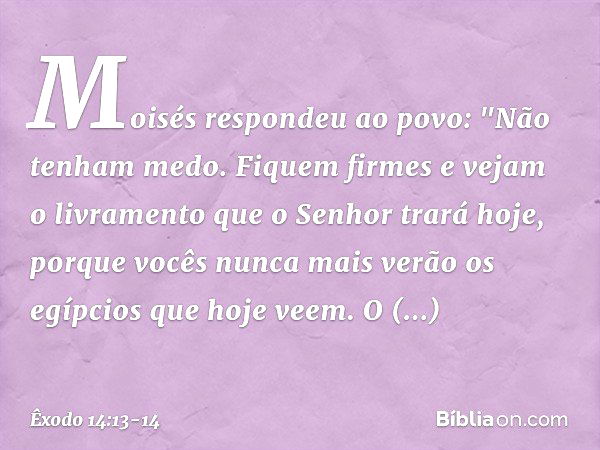 Moisés respondeu ao povo: "Não te­nham medo. Fiquem firmes e vejam o livramen­to que o Senhor trará hoje, porque vocês nunca mais verão os egípcios que hoje vee