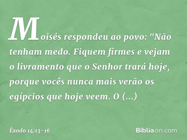 Moisés respondeu ao povo: "Não te­nham medo. Fiquem firmes e vejam o livramen­to que o Senhor trará hoje, porque vocês nunca mais verão os egípcios que hoje vee