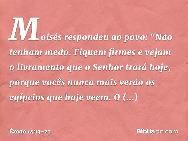 Moisés respondeu ao povo: "Não te­nham medo. Fiquem firmes e vejam o livramen­to que o Senhor trará hoje, porque vocês nunca mais verão os egípcios que hoje vee