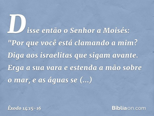 Disse então o Senhor a Moisés: "Por que você está clamando a mim? Diga aos israe­litas que sigam avante. Erga a sua vara e es­tenda a mão sobre o mar, e as água