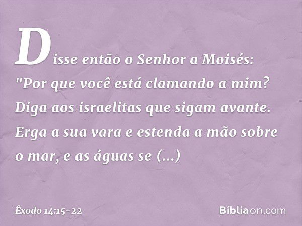 Disse então o Senhor a Moisés: "Por que você está clamando a mim? Diga aos israe­litas que sigam avante. Erga a sua vara e es­tenda a mão sobre o mar, e as água