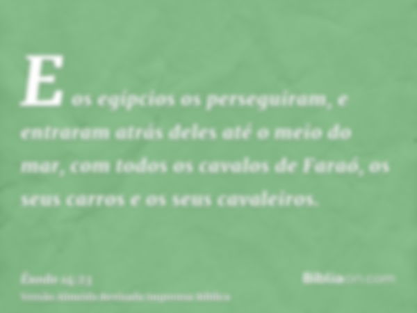 E os egípcios os perseguiram, e entraram atrás deles até o meio do mar, com todos os cavalos de Faraó, os seus carros e os seus cavaleiros.