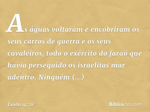 As águas volta­ram e encobriram os seus carros de guerra e os seus cavaleiros, todo o exército do faraó que havia perseguido os israelitas mar adentro. Nin­guém