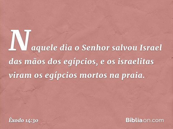 Naquele dia o Senhor salvou Israel das mãos dos egípcios, e os israelitas viram os egípcios mortos na praia. -- Êxodo 14:30