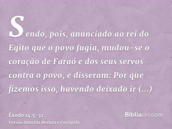 Sendo, pois, anunciado ao rei do Egito que o povo fugia, mudou-se o coração de Faraó e dos seus servos contra o povo, e disseram: Por que fizemos isso, havendo 