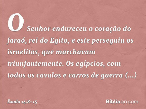 O Senhor endureceu o coração do faraó, rei do Egito, e este perseguiu os israe­litas, que marchavam triunfantemente. Os egíp­cios, com todos os cavalos e carros