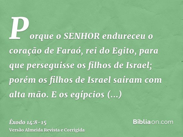 Porque o SENHOR endureceu o coração de Faraó, rei do Egito, para que perseguisse os filhos de Israel; porém os filhos de Israel saíram com alta mão.E os egípcio