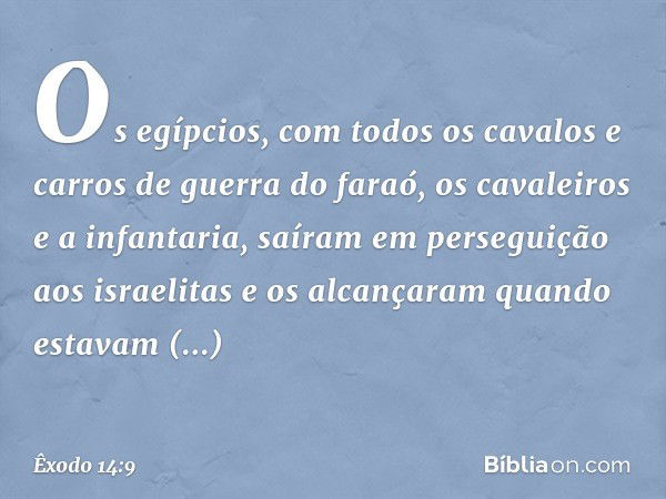 Os egíp­cios, com todos os cavalos e carros de guerra do faraó, os cavaleiros e a infantaria, saíram em perseguição aos israelitas e os alcançaram quan­do estav