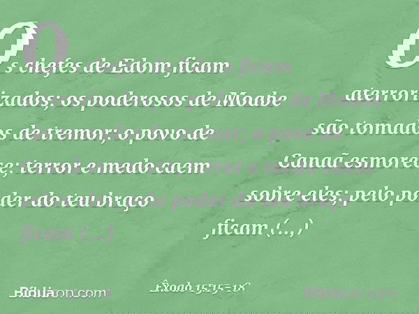 Os chefes de Edom
ficam aterrorizados;
os poderosos de Moabe
são tomados de tremor;
o povo de Canaã esmorece; terror e medo caem sobre eles;
pelo poder do teu b