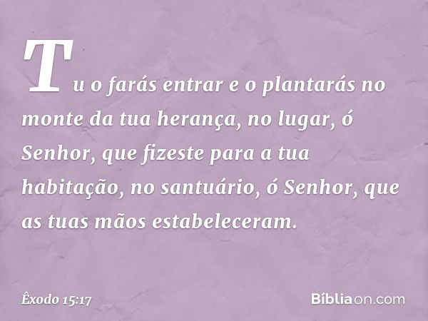 Tu o farás entrar e o plantarás
no monte da tua herança,
no lugar, ó Senhor,
que fizeste para a tua habitação,
no santuário, ó Senhor,
que as tuas mãos estabele