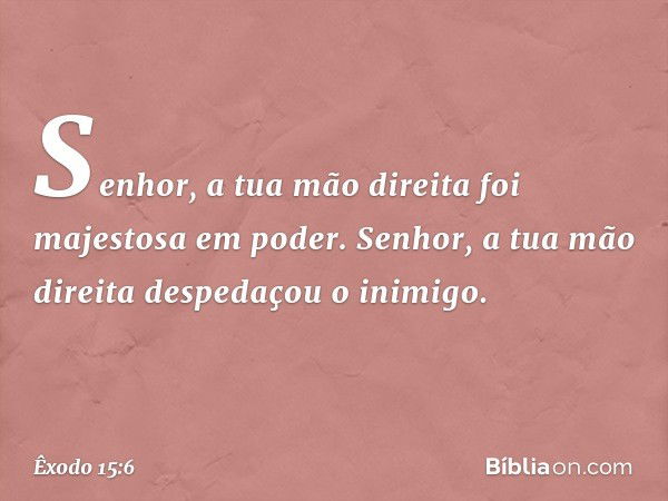 "Senhor, a tua mão direita
foi majestosa em poder.
Senhor, a tua mão direita
despedaçou o inimigo. -- Êxodo 15:6