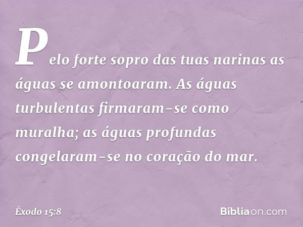 Pelo forte sopro das tuas narinas
as águas se amontoaram.
As águas turbulentas
firmaram-se como muralha;
as águas profundas
congelaram-se no coração do mar. -- 