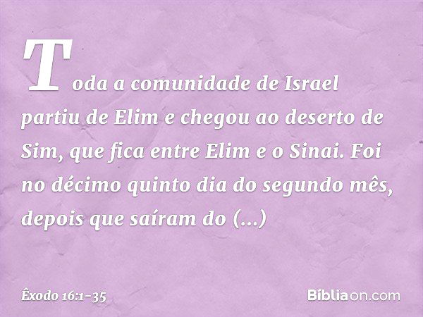 Toda a comunidade de Israel partiu de Elim e chegou ao deserto de Sim, que fica entre Elim e o Sinai. Foi no décimo quinto dia do segundo mês, depois que saíram