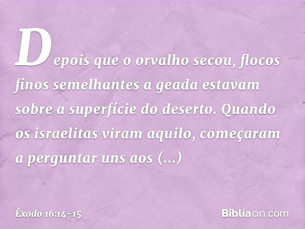 Depois que o orvalho secou, flocos finos semelhantes a geada estavam sobre a superfície do deserto. Quan­do os israelitas viram aquilo, começaram a pergun­tar u