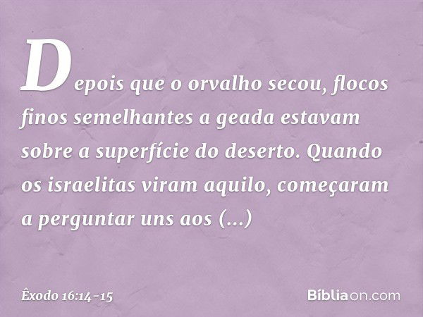 Depois que o orvalho secou, flocos finos semelhantes a geada estavam sobre a superfície do deserto. Quan­do os israelitas viram aquilo, começaram a pergun­tar u