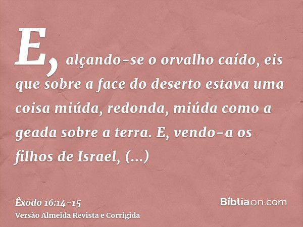 E, alçando-se o orvalho caído, eis que sobre a face do deserto estava uma coisa miúda, redonda, miúda como a geada sobre a terra.E, vendo-a os filhos de Israel,