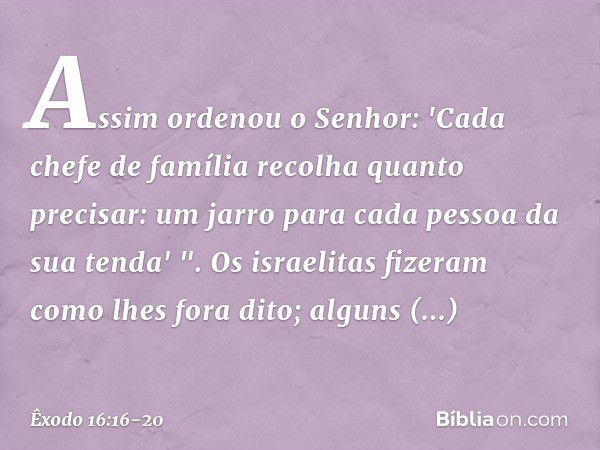 Assim ordenou o Senhor: 'Cada chefe de família recolha quanto precisar: um jarro para cada pessoa da sua tenda' ". Os israelitas fizeram como lhes fora dito; al