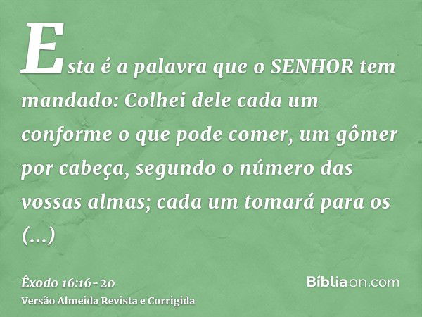 Esta é a palavra que o SENHOR tem mandado: Colhei dele cada um conforme o que pode comer, um gômer por cabeça, segundo o número das vossas almas; cada um tomará