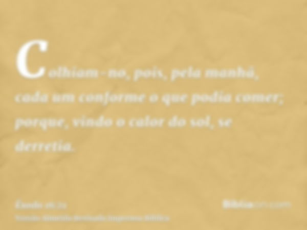 Colhiam-no, pois, pela manhã, cada um conforme o que podia comer; porque, vindo o calor do sol, se derretia.