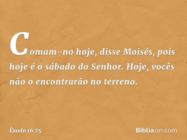 "Comam-no hoje", disse Moisés, "pois hoje é o sábado do Senhor. Hoje, vocês não o encontrarão no ter­reno. -- Êxodo 16:25