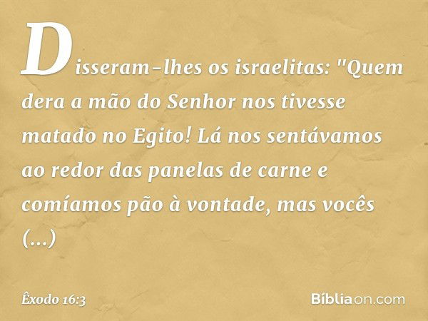 Disseram-lhes os israeli­tas: "Quem dera a mão do Senhor nos tivesse matado no Egito! Lá nos sentávamos ao redor das panelas de carne e comíamos pão à vontade, 