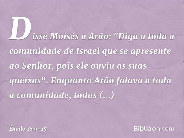 Disse Moisés a Arão: "Diga a toda a comunidade de Israel que se apresente ao Senhor, pois ele ouviu as suas queixas". Enquanto Arão falava a toda a comuni­dade,