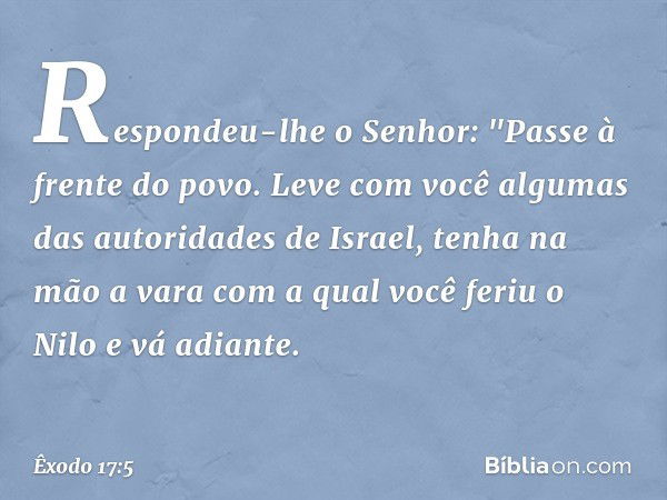 Respondeu-lhe o Senhor: "Passe à frente do povo. Leve com você algumas das autoridades de Israel, tenha na mão a vara com a qual você feriu o Nilo e vá adiante.