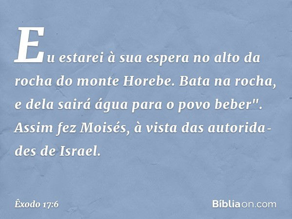 Eu estarei à sua espera no alto da rocha do monte Hore­be. Bata na rocha, e dela sairá água para o povo beber". Assim fez Moisés, à vista das autorida­des de Is