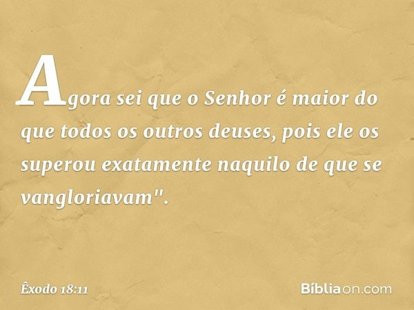 Agora sei que o ­Senhor é maior do que todos os outros deuses, pois ele os superou exatamente naquilo de que se vangloriavam". -- Êxodo 18:11