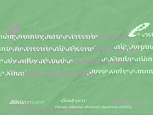e estejam prontos para o terceiro dia; porquanto no terceiro dia descerá o Senhor diante dos olhos de todo o povo sobre o monte Sinai.