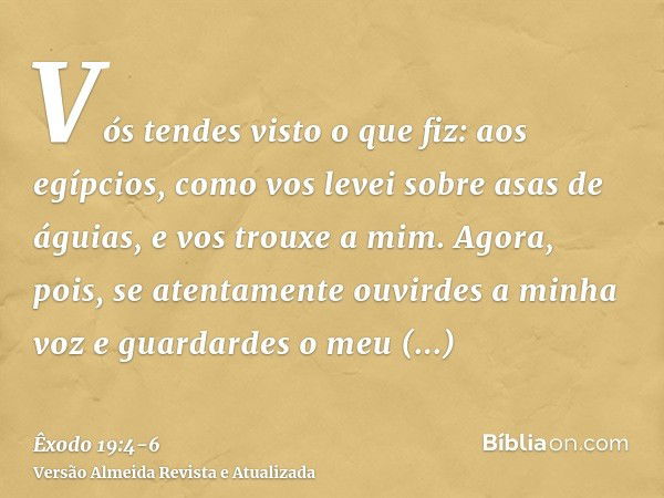 Vós tendes visto o que fiz: aos egípcios, como vos levei sobre asas de águias, e vos trouxe a mim.Agora, pois, se atentamente ouvirdes a minha voz e guardardes 