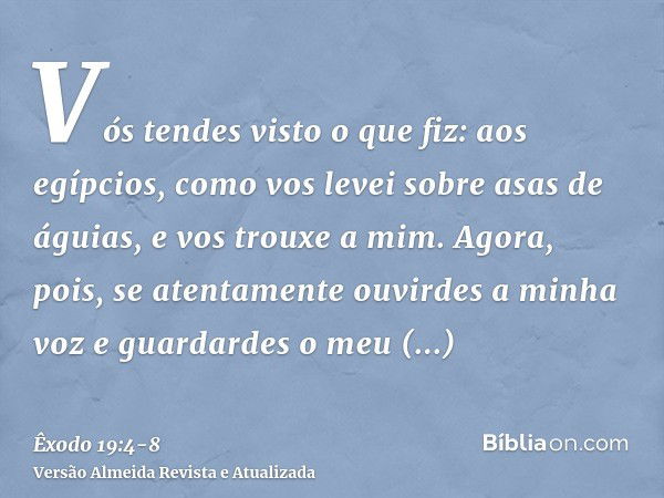 Vós tendes visto o que fiz: aos egípcios, como vos levei sobre asas de águias, e vos trouxe a mim.Agora, pois, se atentamente ouvirdes a minha voz e guardardes 