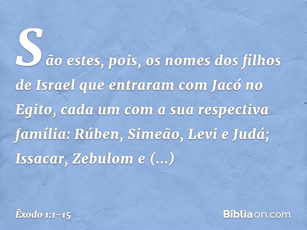 São estes, pois, os nomes dos filhos de Israel que entraram com Jacó no Egito, cada um com a sua respectiva família: Rúben, Si­meão, Levi e Judá; Issacar, Zebul