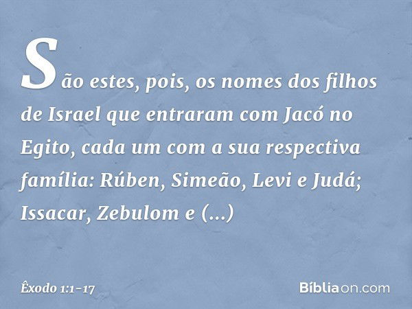 São estes, pois, os nomes dos filhos de Israel que entraram com Jacó no Egito, cada um com a sua respectiva família: Rúben, Si­meão, Levi e Judá; Issacar, Zebul